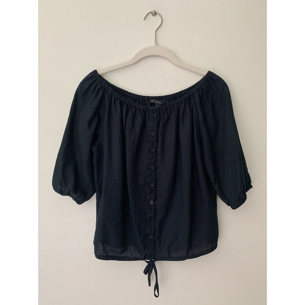 Saks Fifth Avenue Off The Shoulder Top Navy Blue Sz S 100% Linen Drawstring